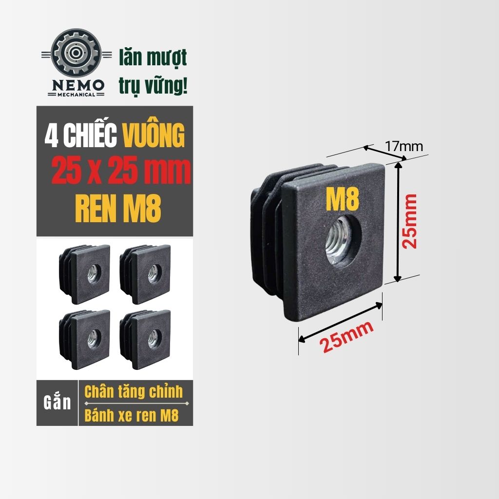 Nắp Chụp Thép Hộp Có Ren – Giải Pháp Lắp Chân Tăng Chỉnh & Bánh Xe Không Cần Hàn (M6, M8, M10)